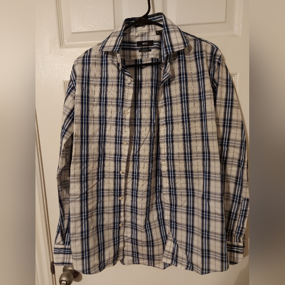 Hugo Boss Blue /White & Gray Long-Sleeve Shirt Button Down  15 1/2‎ 100% cotton.